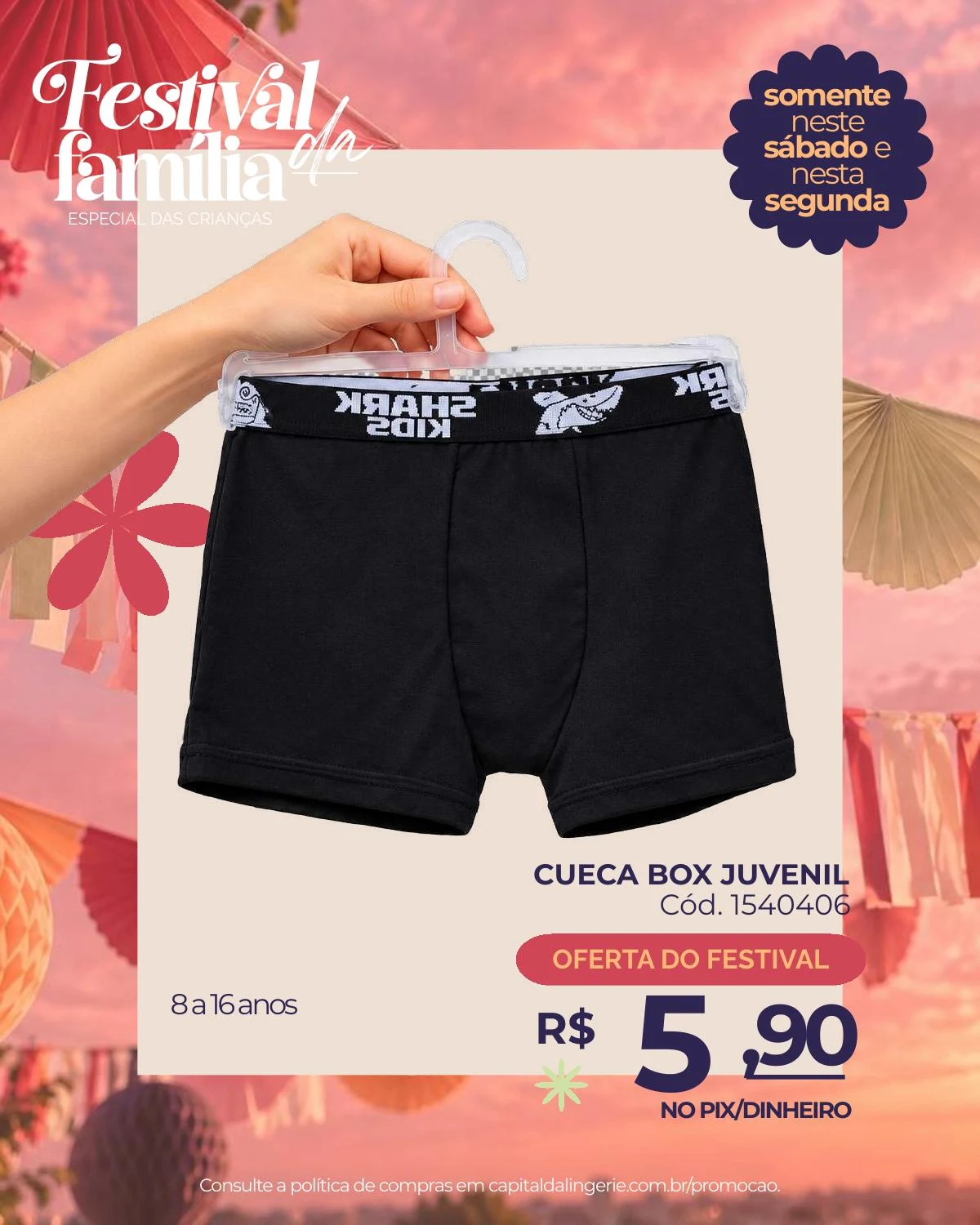 Cueca box juvenil — oferta especial de Dia das Crianças na Capital da Lingerie
