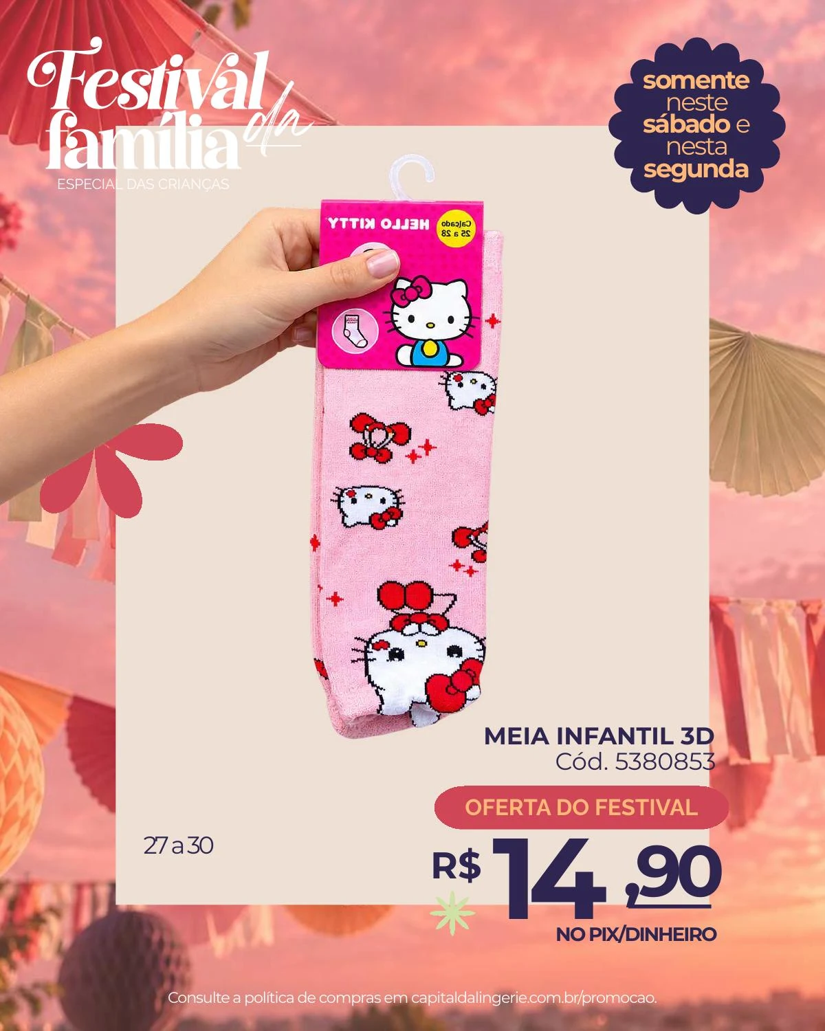 Meia infantil 3D — oferta especial de Dia das Crianças na Capital da Lingerie