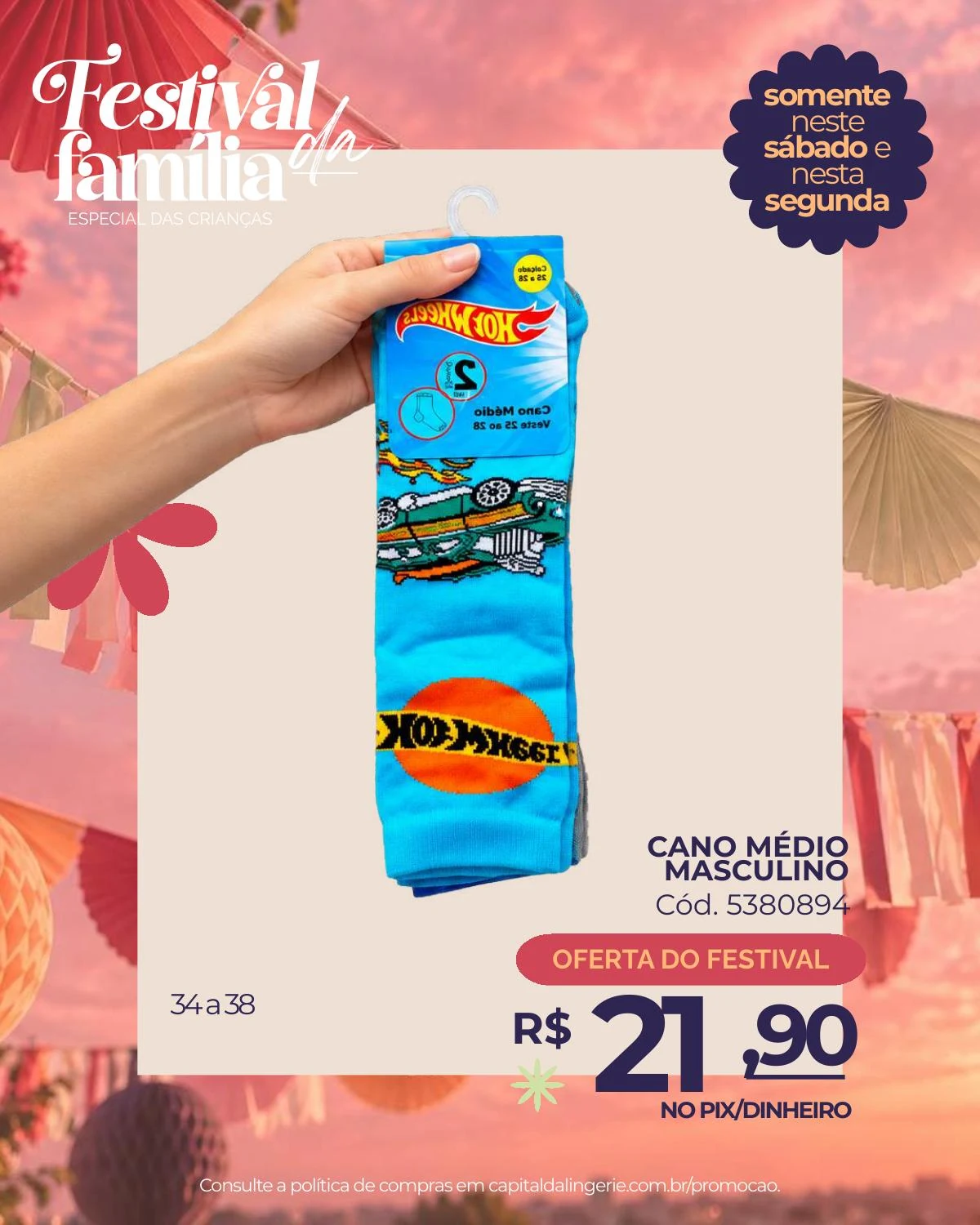 Meia cano médio masculino — oferta especial de Dia das Crianças na Capital da Lingerie